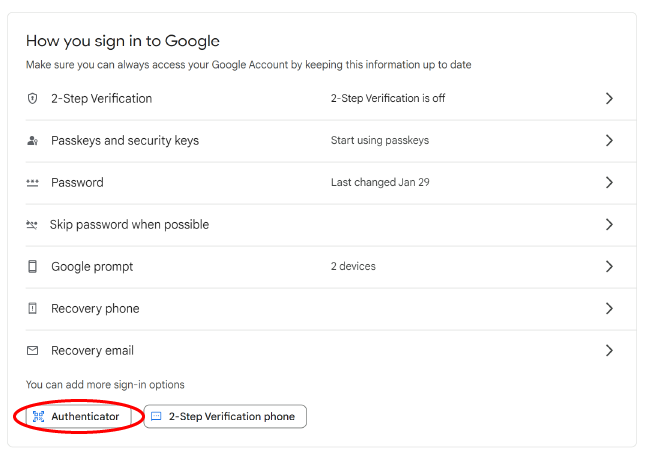 Select Authenticator under How you sign in with Google