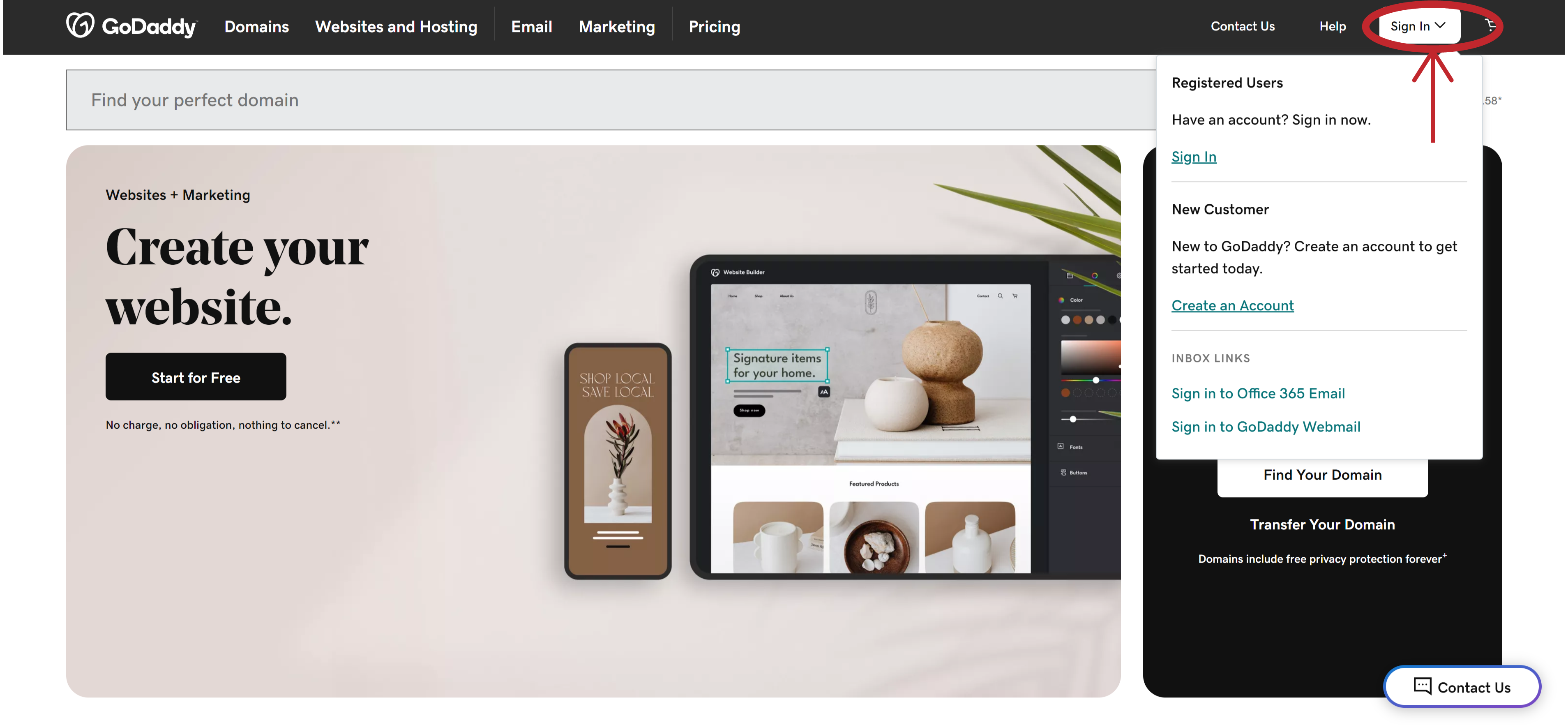 Click the login dropdown on GoDaddy’s homepage