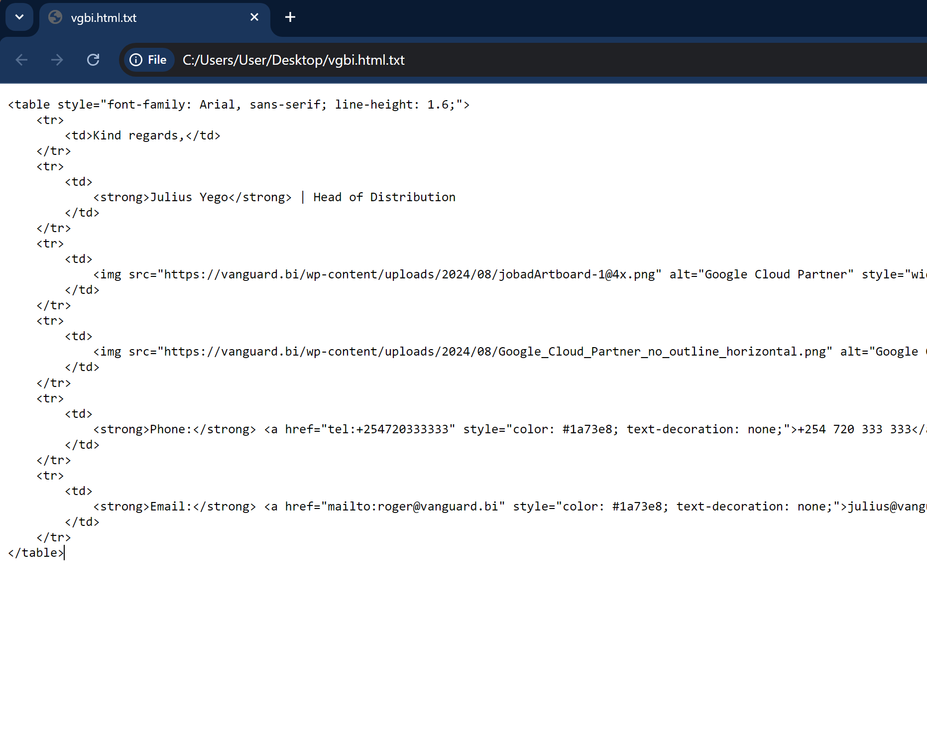 Open your email signature in the browser
