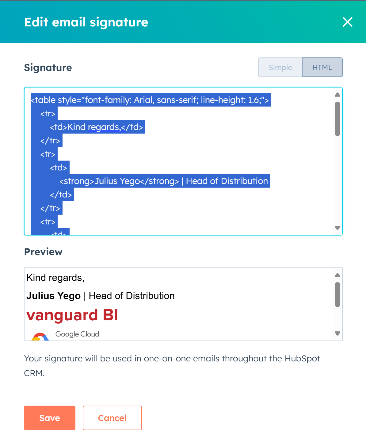 Select the entire email signature