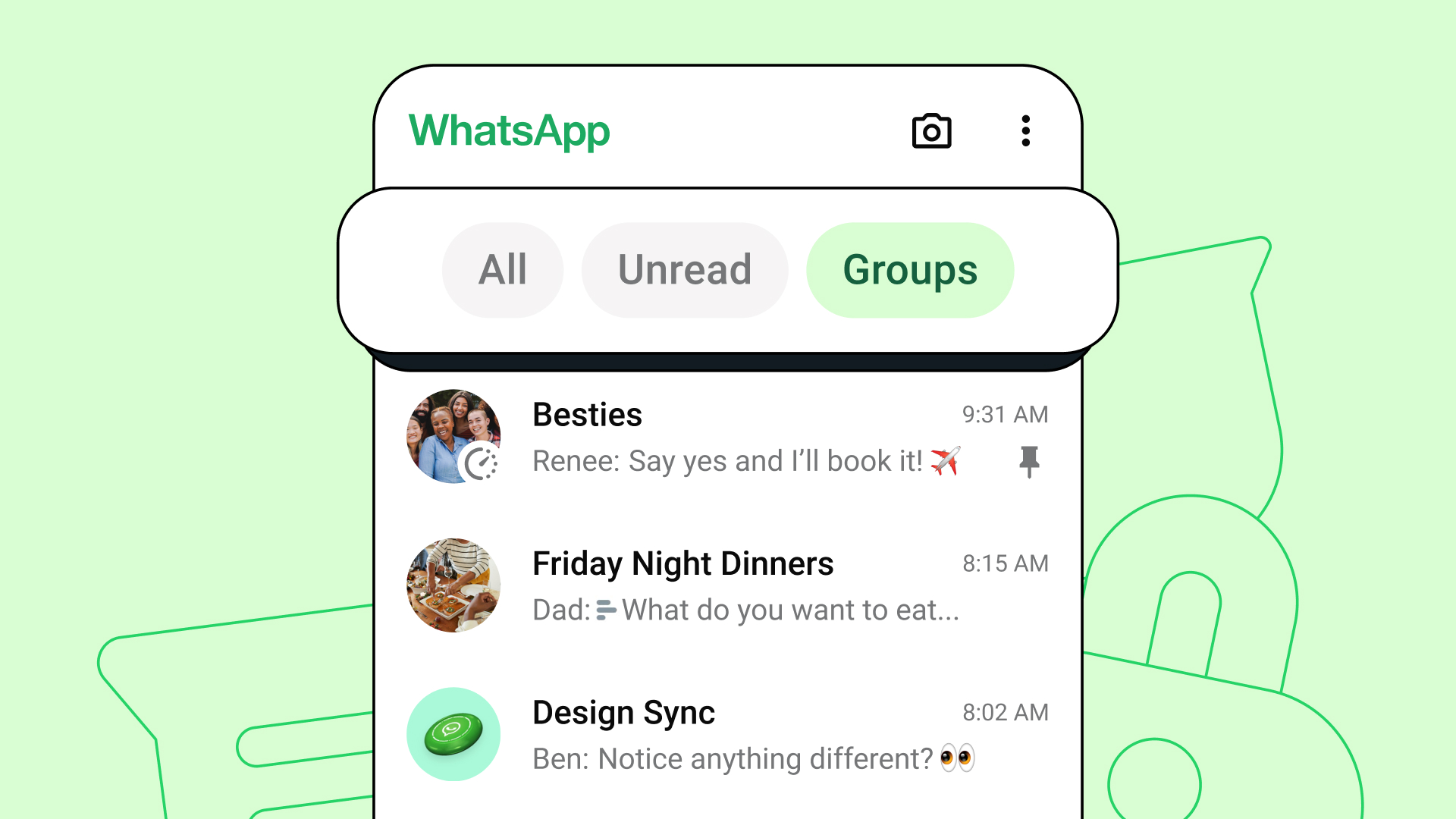 A phone showing a list of WhatsApp group chats