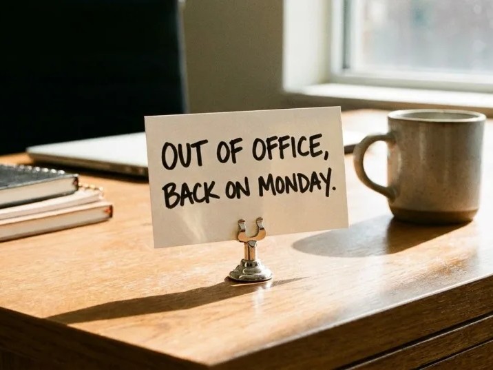 An "out of office, back on Monday" sign on an empty desk